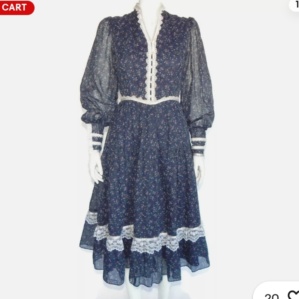Vintage Gunne Sax Floral Blue Dress with Lace Trim